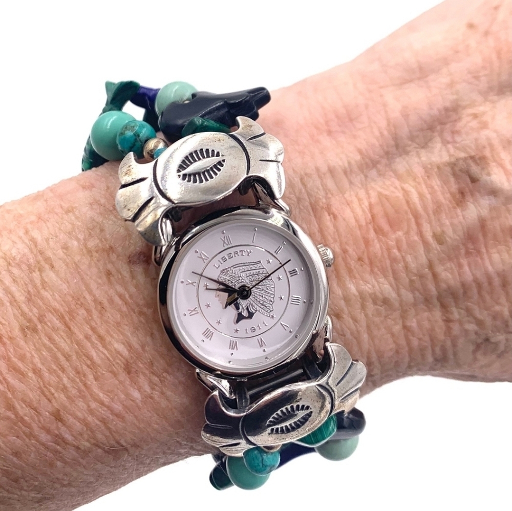Navajo SERTLING , Chief Indian Head Face Turquoise Fetish Beads Watch , Test.